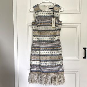 New Karen Millen Tweed Sheath Dress with Fringe